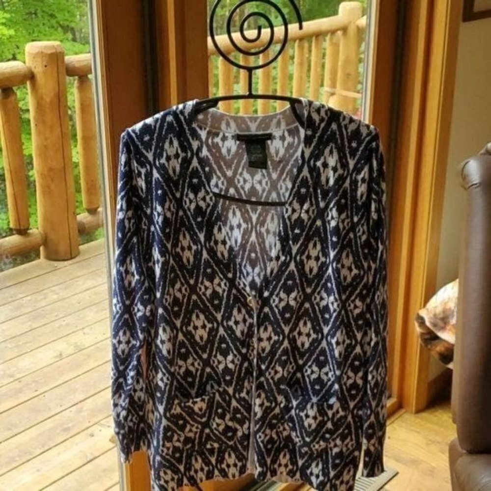 Grace Elements Womens Navy White Diamond Batik V-Neck Cardigan Sweater Large